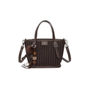 Bolso tipo cubo a rayas marrón oscuro con colgante vintage de felpa y asa superior - Marrón