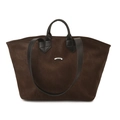 Vintage dark brown suede tote bag with double handles and metal clasp on white background - Coffee