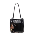 Black soft leather tote bag with stylish charms and shoulder straps in a minimalist design - With Pendant / Black