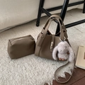 Khaki pebbled leather handbag set with mini pouch and cute plush rabbit accessory - With Charm / Elephant Gray