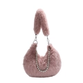 Chic light pink plush underarm bag with fuzzy faux fur and silver beaded chain detail - Pink