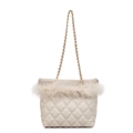 Sac fourre-tout matelassé crème avec bordure en fausse fourrure et chaîne dorée - Blanc Cassé