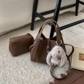 Brown lychee leather tote bag with zip pouch and cute plush rabbit charm accessory - With Charm / Brown