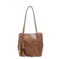 Brown soft leather tote bag with shoulder straps and decorative heart charm - With Pendant / Khaki