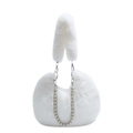 Winter fluffy faux fox fur handbag in white with elegant silver metal bead chain strap - White