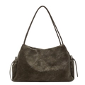Bolso tote retro de gran capacidad en cuero mate marrón oscuro con finas correas de hombro - Verde