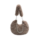 Brown faux fur crescent underarm bag with stylish silver beaded chain detail - Brown