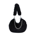 Sac sous le bras chic en peluche noire avec perles argentées et poignée moelleuse - Noir