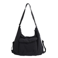 Sac fourre-tout en nylon noir polyvalent avec bandoulière large et poche à rabat - Noir