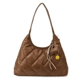 Deep brown quilted hobo shoulder bag with a yellow smiley face and heart charm decoration - With Pendant / Brown