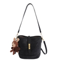 Minimalist black bucket bag with gold metal lock and brown plush bear charm - With Pendant / Black