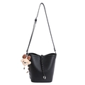 Chique zwarte bucket bag van generfd leer met een schattige teddybeer hanger en riem - Met Hanger / Zwart
