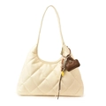 Chic beige quilted shoulder bag with diamond stitching and decorative tassel charm - With Pendant / White