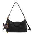Retro black leather pillow bag with gold hardware and a cute dog charm attachment - Black