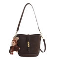 Brown faux leather bucket bag with gold twist lock and cute bear charm pendant - With Pendant / Brown