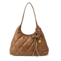 Brown quilted half-moon shoulder bag with smile pendant and elegant diamond stitching - With Pendant / Brown