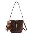 Minimalist dark brown suede bucket bag with gold twist lock and cute bear charm - With Pendant / Brown
