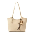Beige tote bag with litchi grain leather and a cute plush bear charm decoration - With Pendant / White