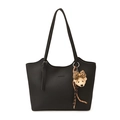 Classic black leather tote bag for women with plush bear charm and spacious interior - With Pendant / Black