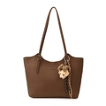 Dark brown faux leather tote bag with long shoulder strap and puppy charm - With Pendant / Brown