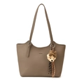 Brown lychee-texture tote bag with twin handles and a decorative teddy bear charm - With Pendant / Elephant Grey