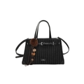 Black striped tote bag with leather trim and decorative plush tassel charm detail - Black