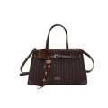 Brown striped large capacity tote bag with fuzzy ball charm and crossbody strap - Brown
