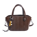 Retro dark brown woven texture handbag with vintage wooden beads and shoulder strap - Brown