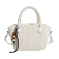 Chic cream woven bucket bag with elegant quilted pattern and stylish wooden bead charm - White