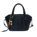 Retro black woven bucket bag with vertical quilting and beaded charm for women - Black