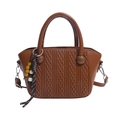 Brown woven texture bucket bag with woven charm and adjustable shoulder strap - Brown
