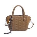Vintage brown woven texture crossbody bucket bag with beaded tassel charm detail - Khaki
