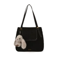Black faux suede tote bag with white contrast stitching and a plush rabbit charm - With Pendant / Black
