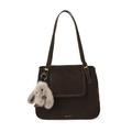 Dark brown suede shoulder bag with gold hardware and a grey faux fur bunny pendant - With Pendant / Brown
