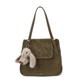 Vintage retro olive green tote bag in pebbled leather with cute rabbit pendant - With Pendant / Light Green