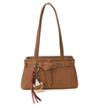 Brown vintage faux leather shoulder bag with buckle detail and cute teddy bear charm - With Pendant / Brown