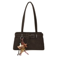 Frosted deep brown vintage shoulder bag with matte leather finish and cute bear charm - With Pendant / Brown