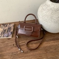 Retro dark brown square crossbody bag with glossy leather and large buckle detail - Brown with Pendant