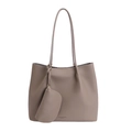 Grand sac cabas taupe en cuir grainé avec pochette zippée assortie et doubles anses - Gris éléphant