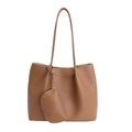 Sac cabas en cuir grainé marron caramel avec pochette assortie et longues anses - Marron