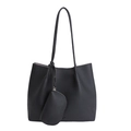Sac cabas noir rétro en cuir grainé avec petite pochette amovible pour femmes - Noir