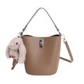 Brown lychee leather bucket bag with silver twist lock and plush rabbit pendant - With Pendant / Elephant Gray