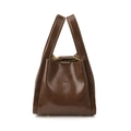 Retro dark brown leather bucket handbag with wide handles and gold hardware details - Brown