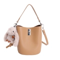 Brown lychee grain bucket bag with plush rabbit charm and silver metal lock closure - With Pendant / Khaki