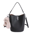 Black litchi grain bucket bag with silver clasp and grey rabbit plush pendant - With Pendant / Black