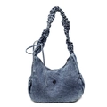 Borsa a tracolla in denim blu lavato con spallina arricciata e dettaglio coulisse - Azzurro
