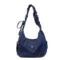 Borsa a tracolla retrò in denim blu a mezzaluna con fiocchi e tracolla con arricciature - Blu scuro
