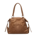 Borsa tote vintage marrone con ricamo floreale e testo MaoDi su sfondo bianco - Cachi