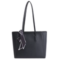 Elegant black lychee leather tote bag with polka dot scarf and long shoulder straps - Black
