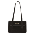 Schwarze Schultertasche mit weißen Kontrastnähten und einer goldenen Logo-Plakette - Schwarz